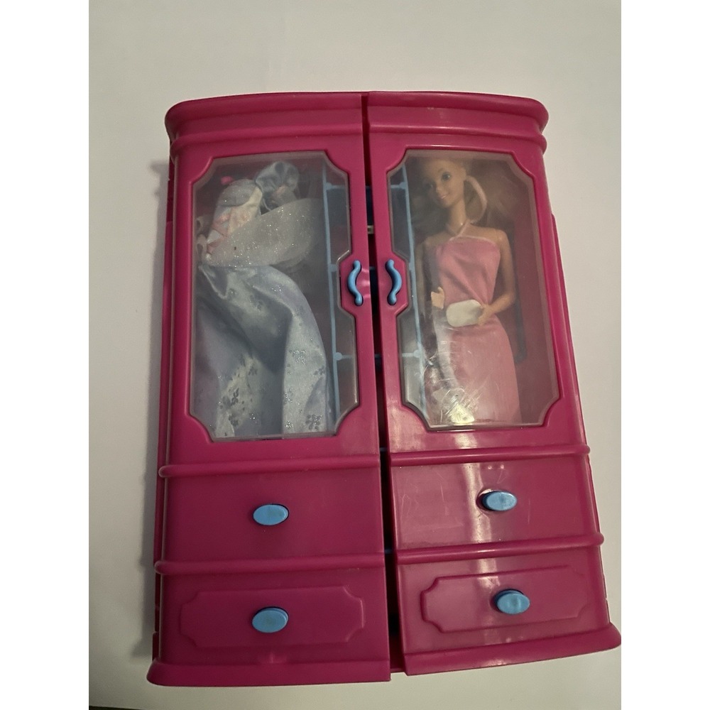 Amer Plastic Toys Doll Wardrobe Pink With Vtg Barbie Doll & Accessories Dress